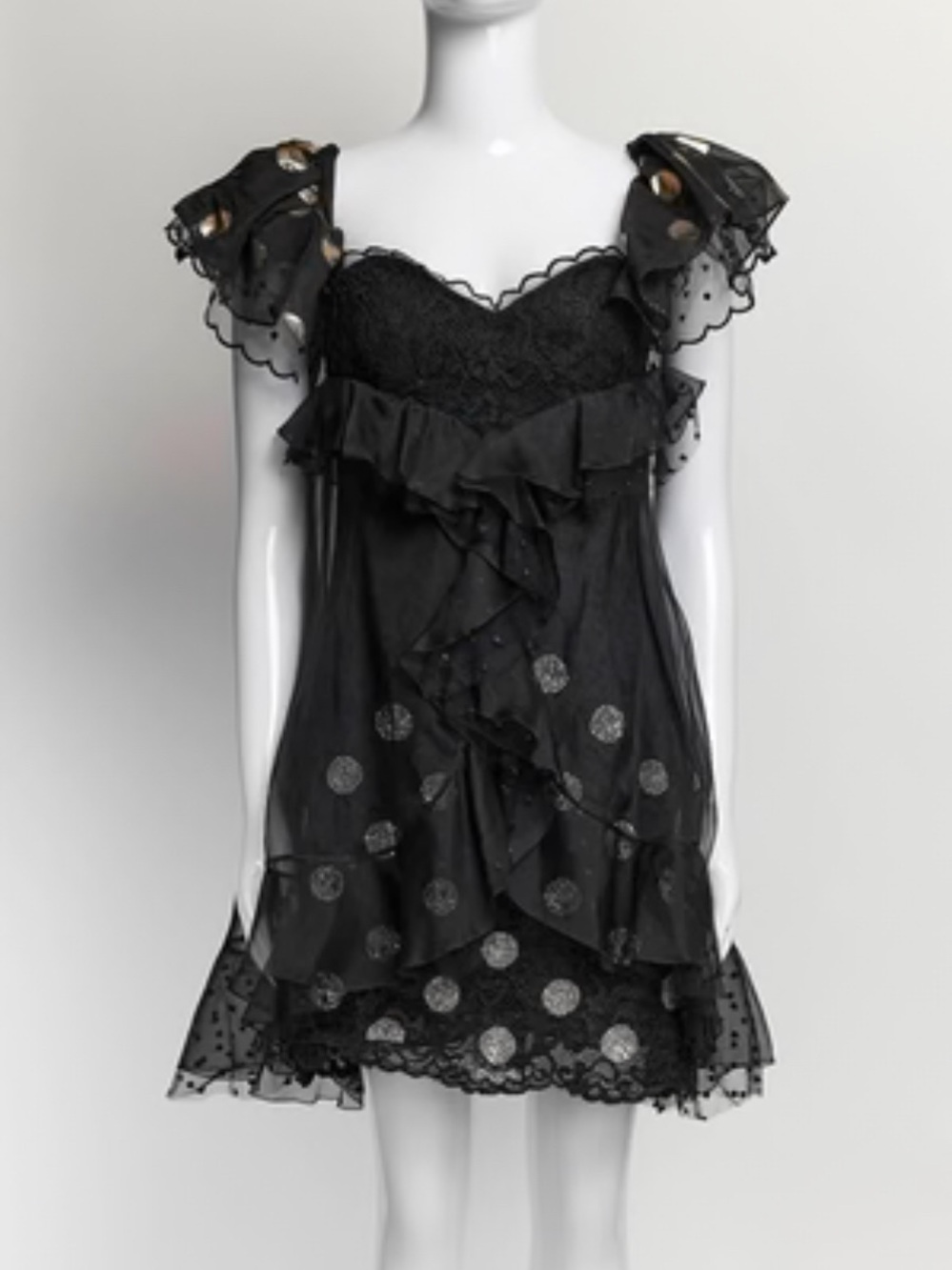 DUNDAS Black Dress with Metallic Polka Dots and Ruffles